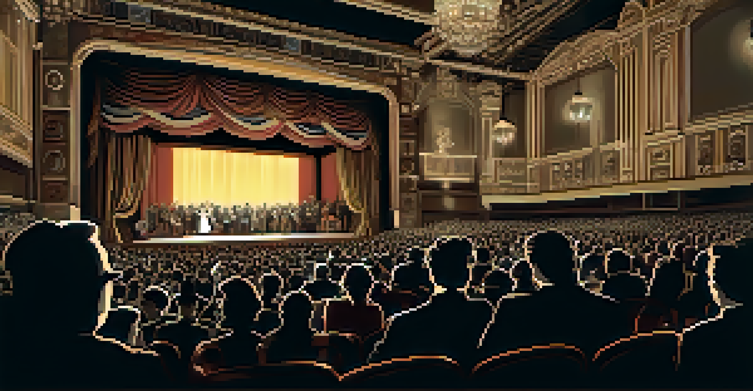 An audience in vintage attire at a film festival, watching a restored silent film in a classic theater with ornate decor and a live orchestra.
