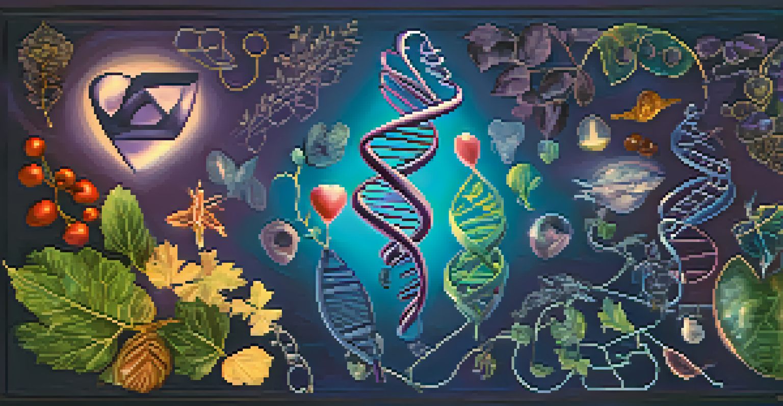 A glowing DNA double helix intertwined with symbols representing life, set against a mystical blue to purple gradient background.