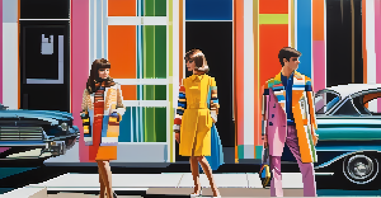 A stylish 1960s scene with a couple dressed in bold geometric patterns and bright colors in an urban setting.
