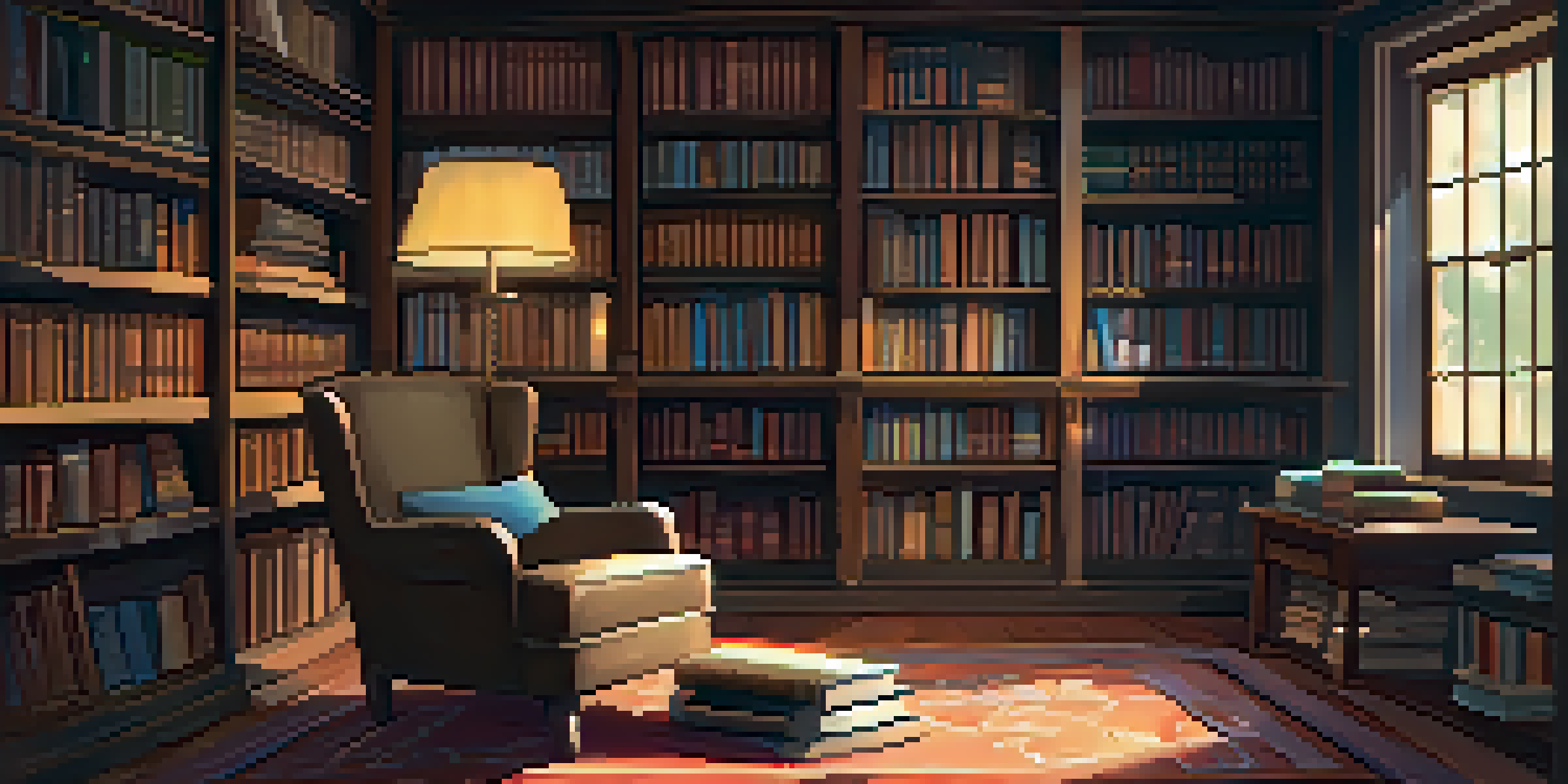 A cozy library corner with a plush armchair, wooden table, and shelves filled with true crime books, illuminated by soft warm light.