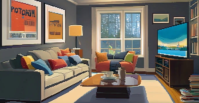 A cozy living room with a sofa, a TV with a movie poster, and a bowl of popcorn on a coffee table.