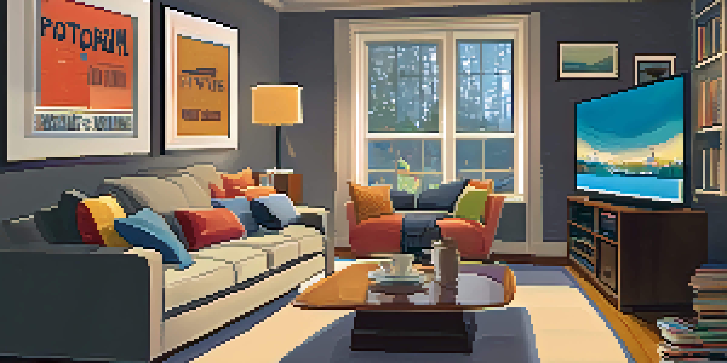 A cozy living room with a sofa, a TV with a movie poster, and a bowl of popcorn on a coffee table.