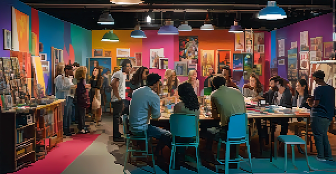 A group of diverse filmmakers engaged in lively discussions on a film set, surrounded by colorful props and camera equipment.
