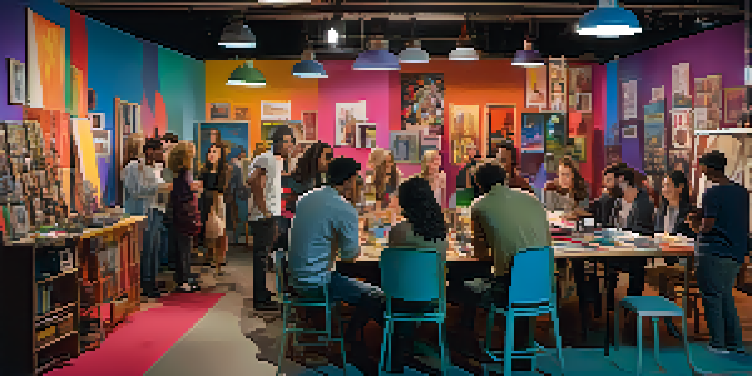 A group of diverse filmmakers engaged in lively discussions on a film set, surrounded by colorful props and camera equipment.