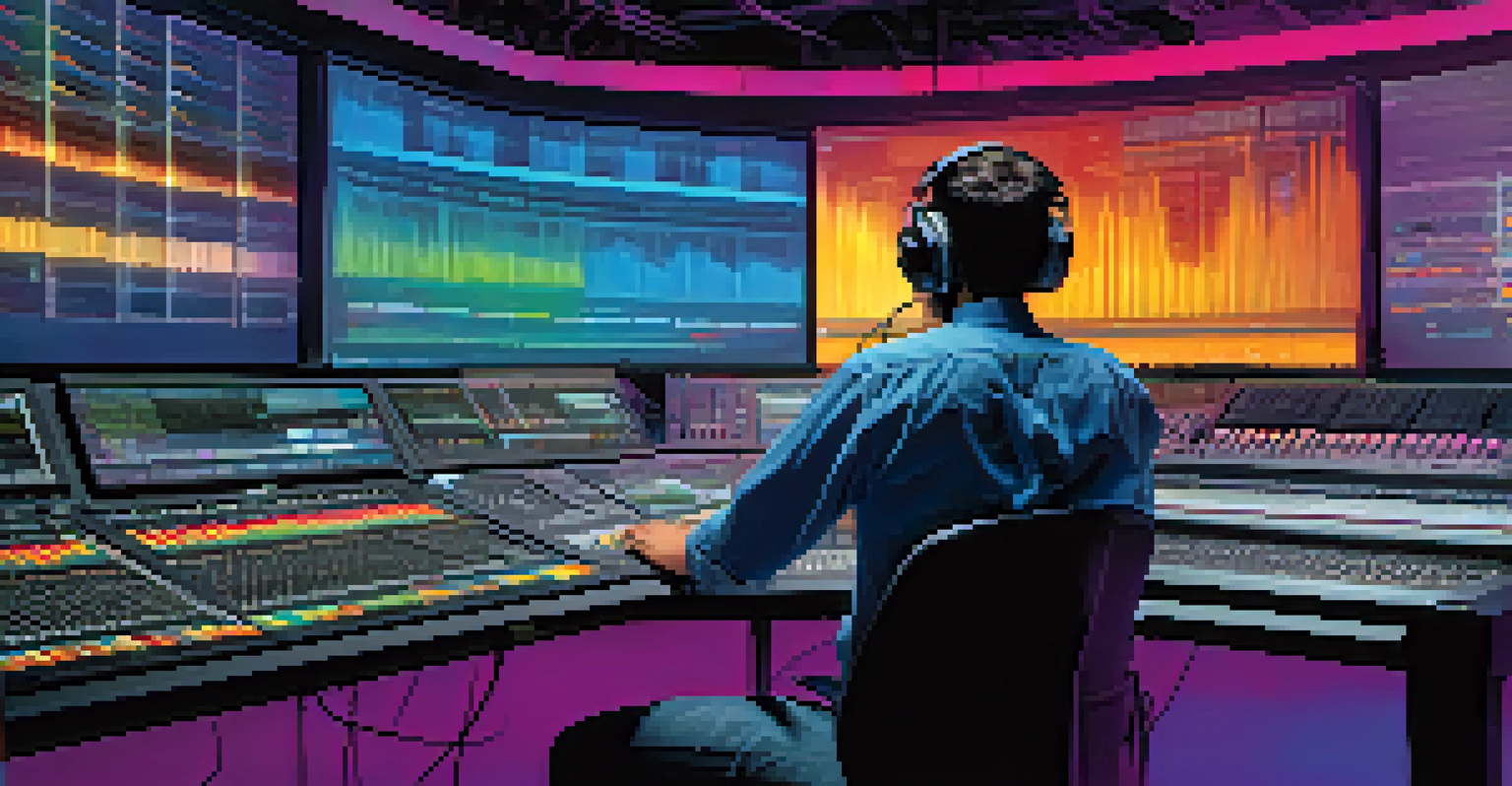 A mixing engineer focused on multiple screens showing sound waveforms and levels in a colorful studio environment.