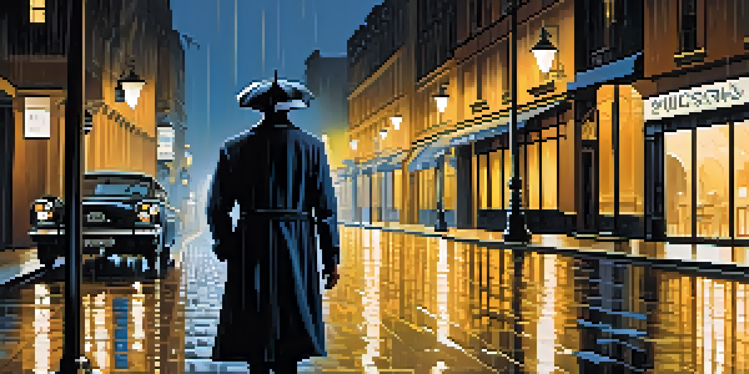 A nighttime city scene with a rain-soaked street and a mysterious figure in a trench coat under an umbrella, illuminated by flickering streetlights.