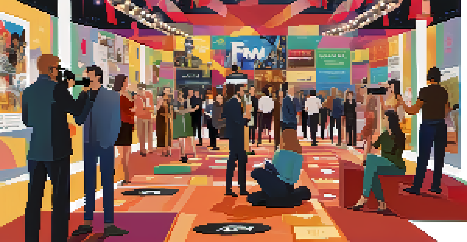 An illustration of a digital networking event at a film festival, featuring filmmakers and professionals interacting online with a backdrop of film elements.