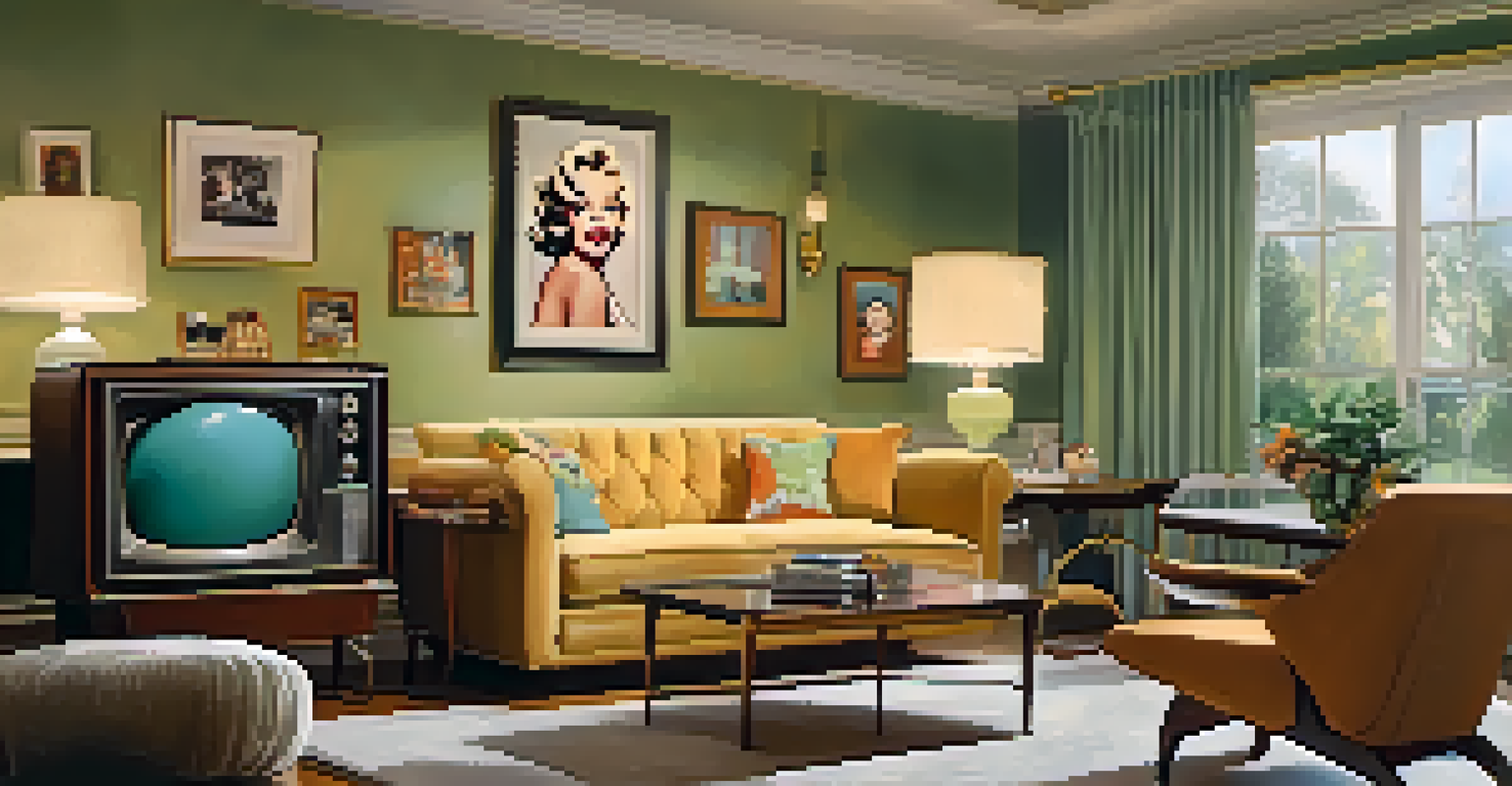 A cozy 1950s living room with vintage furniture and framed movie posters of Hollywood stars on the wall.