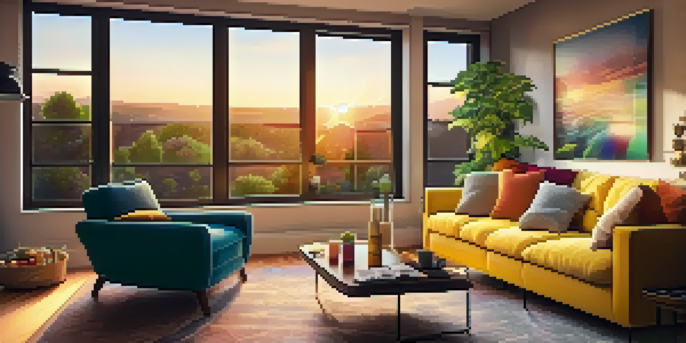A cozy living room with a flat-screen TV, warm lighting, a plush sofa with cushions, and a coffee table with snacks, set against a sunset glow.