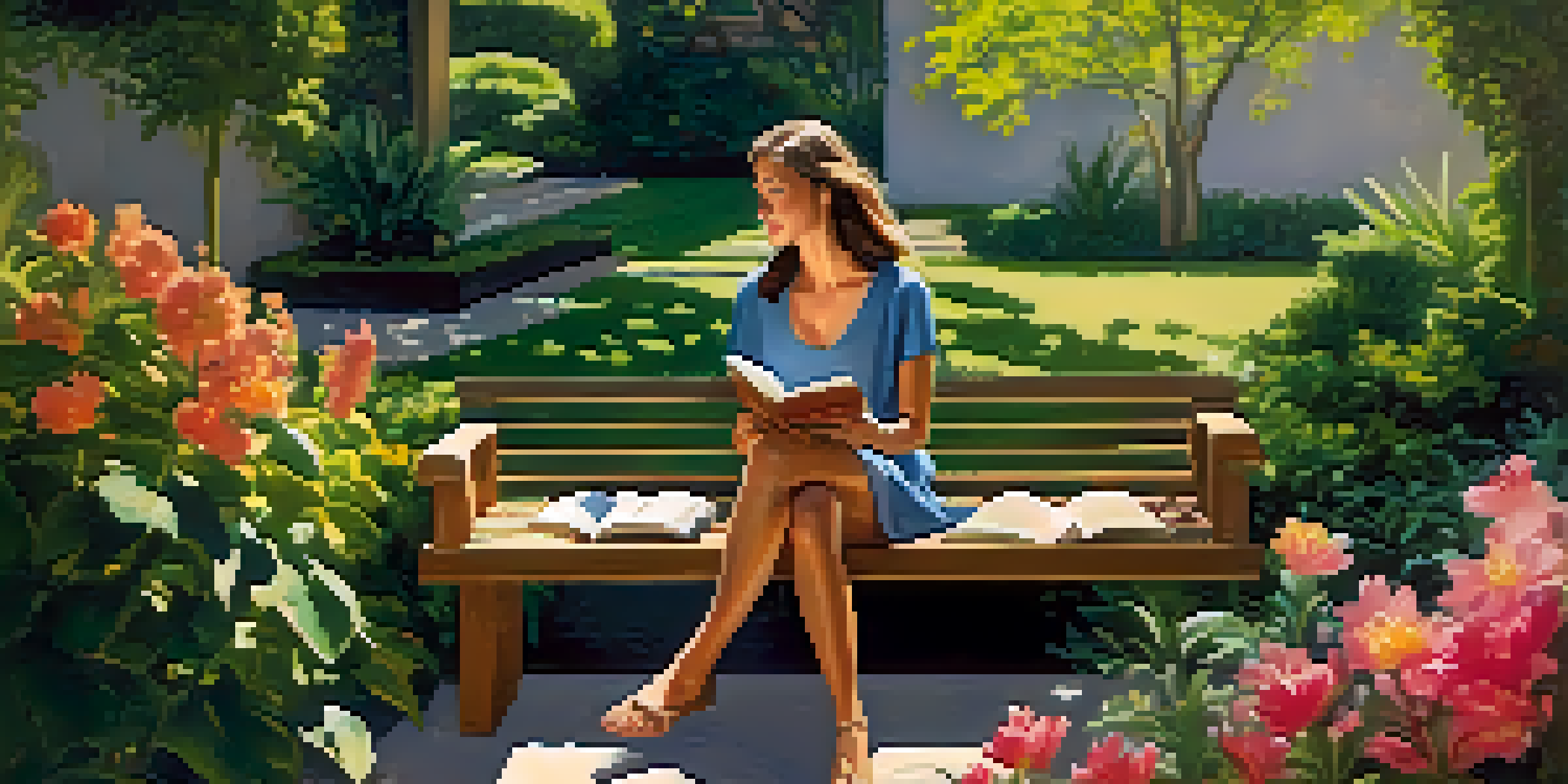 A celebrity sitting on a bench in a beautiful garden, reading a book, with sunlight filtering through the trees.