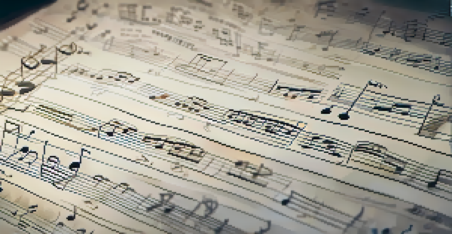 A close-up of a film score sheet with musical notes in a dimly lit studio filled with instruments.