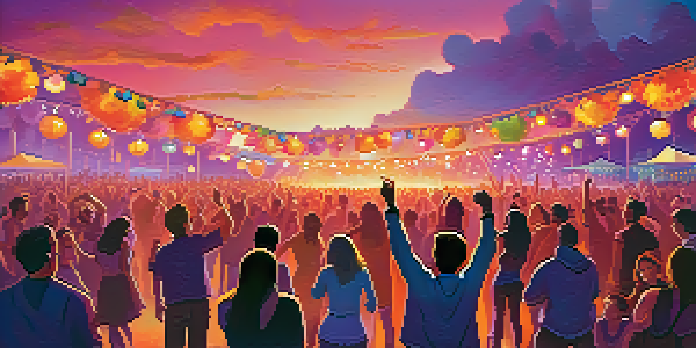 A lively music festival with diverse attendees dancing under colorful stage lights during sunset.