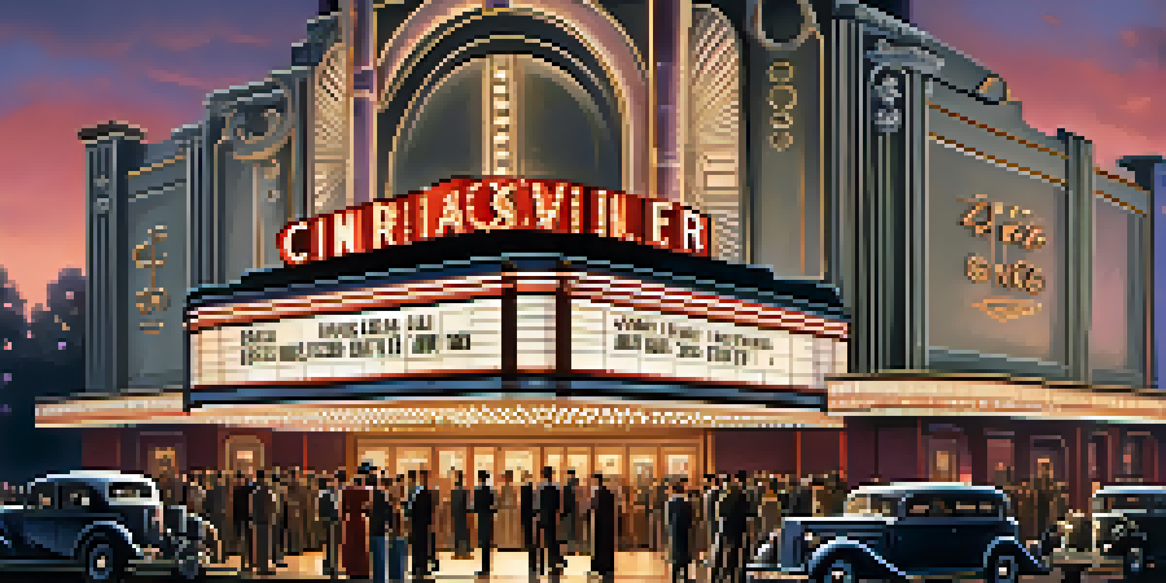 A vintage cinema marquee with glowing lights showcasing a classic film, surrounded by elegantly dressed moviegoers from the 1930s.