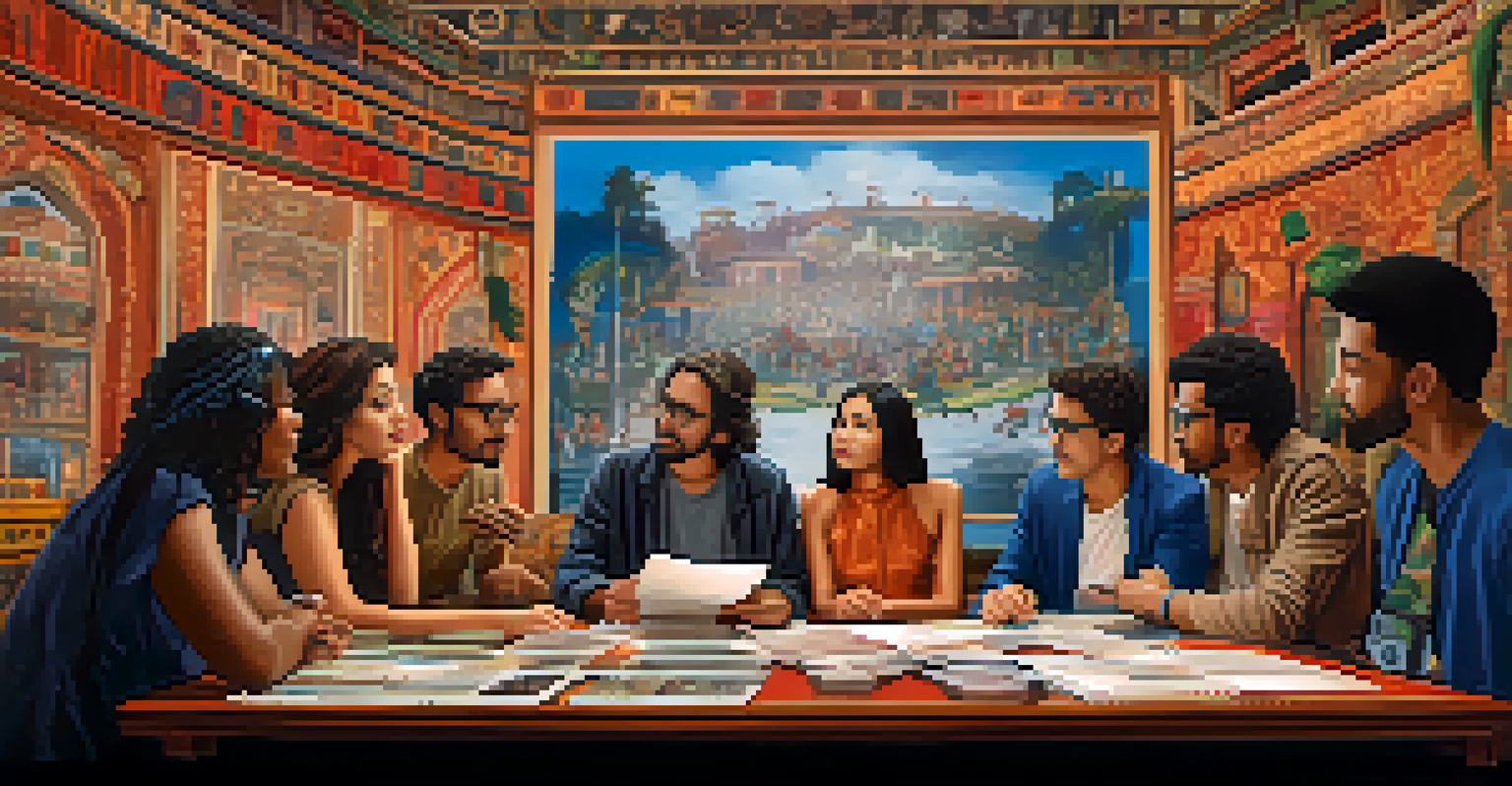 A film set with a group of diverse filmmakers collaborating on a project, surrounded by cultural elements.