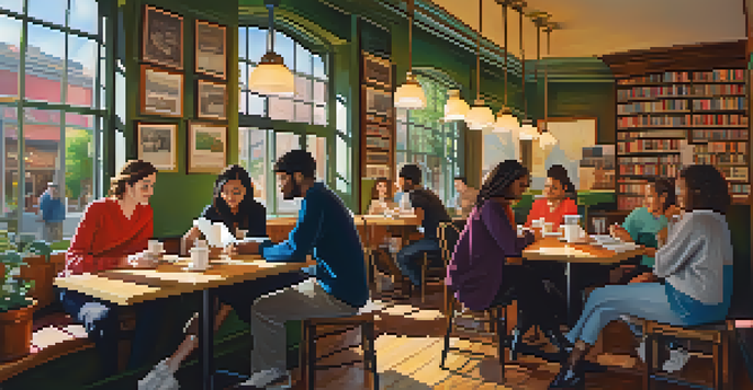 A diverse group of young adults in a cozy café discussing a classic book, surrounded by warm lighting and colorful decor.