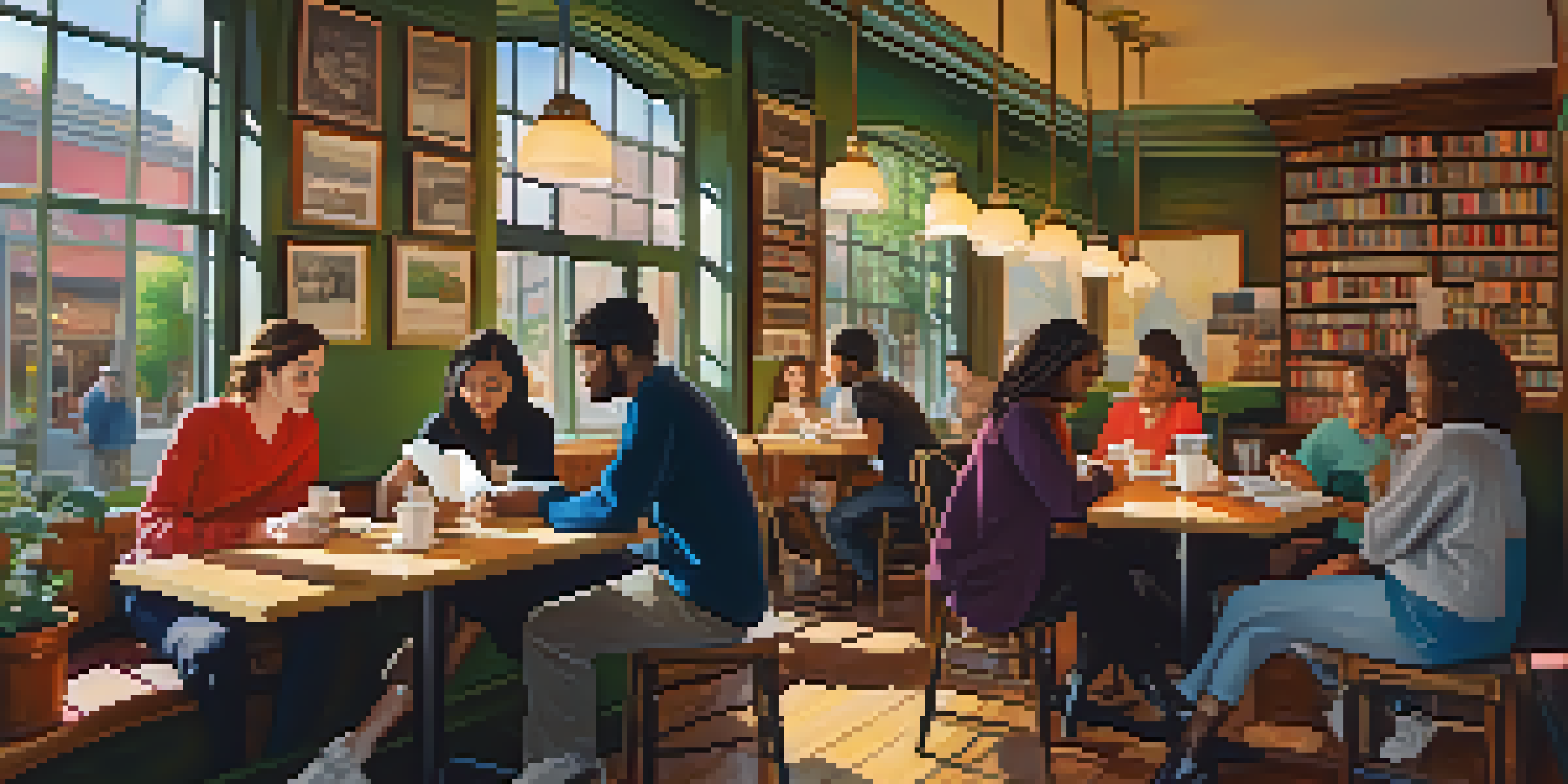 A diverse group of young adults in a cozy café discussing a classic book, surrounded by warm lighting and colorful decor.