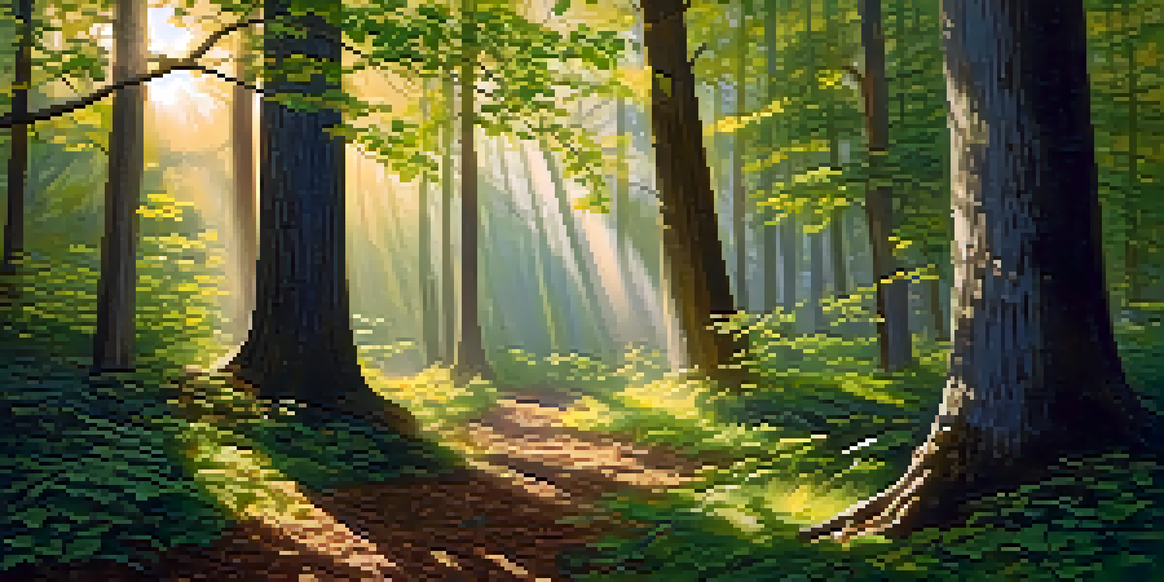 A serene forest at dawn with sunlight filtering through the trees, creating a peaceful atmosphere.