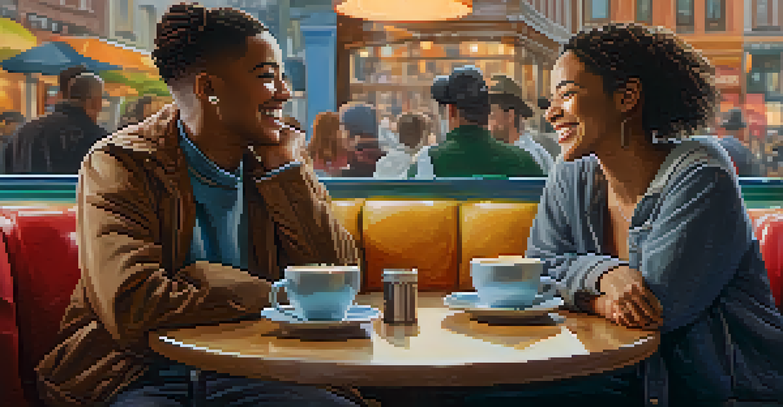 Two LGBTQ+ characters sharing a heartfelt moment in a cozy café, laughing over coffee in warm lighting surrounded by colorful artwork.