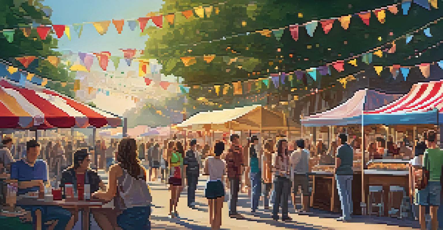 An outdoor film festival with banners, diverse crowd enjoying indie films, food stalls, and fairy lights creating a lively atmosphere.