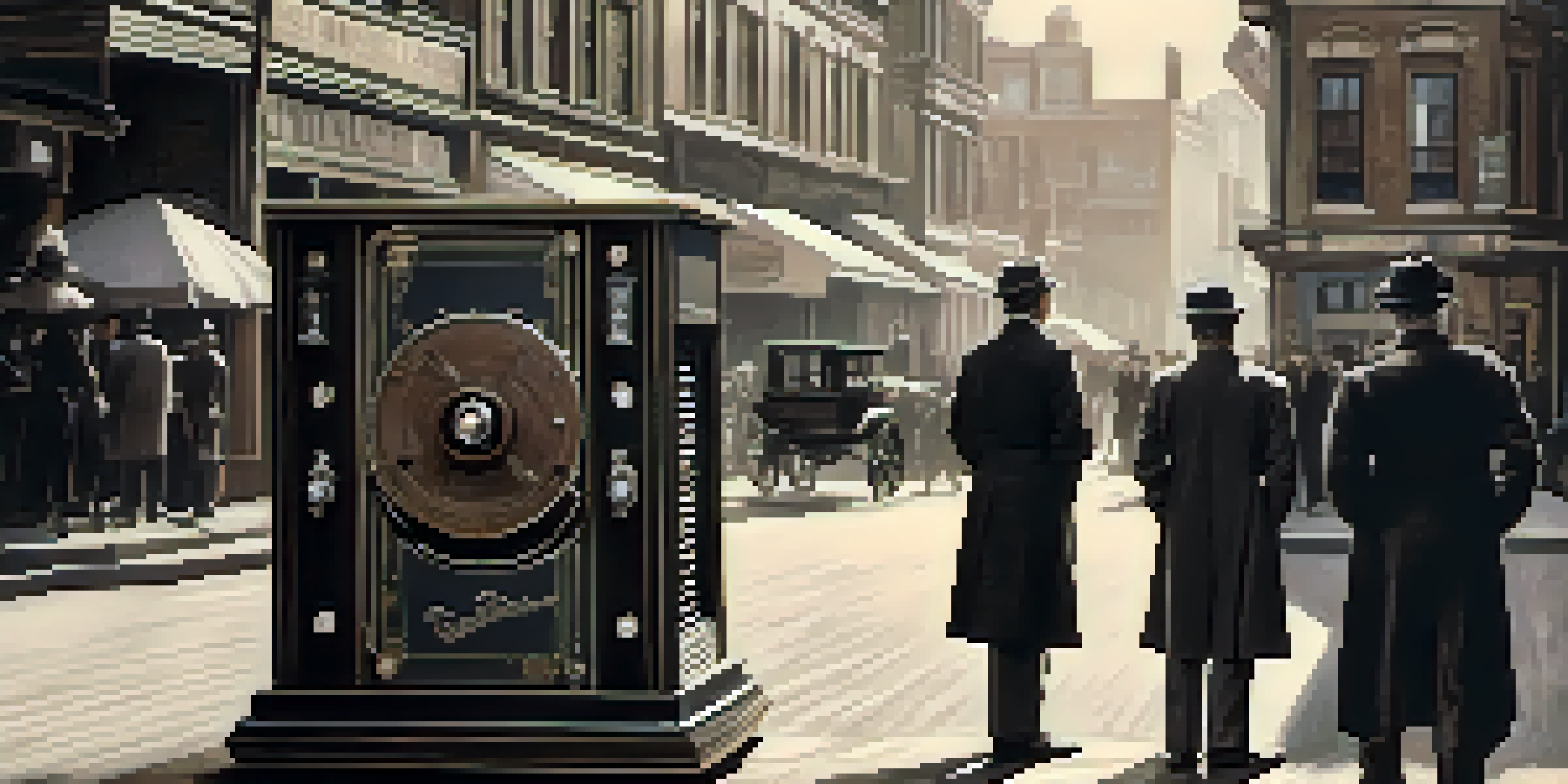 A vintage film set with a Kinetoscope and filmmakers in period clothing, illuminated by warm lighting, capturing a black and white street scene.