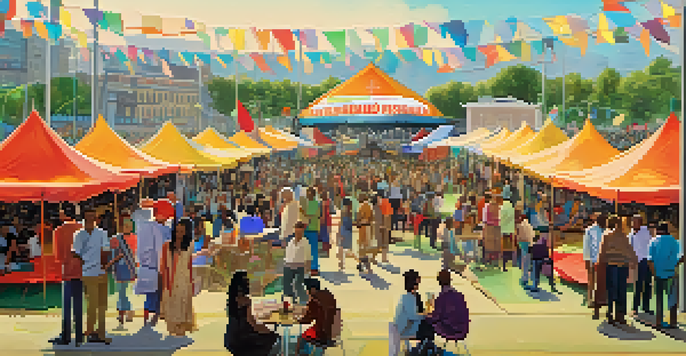 A lively outdoor film festival with colorful tents and diverse filmmakers engaging with the audience.