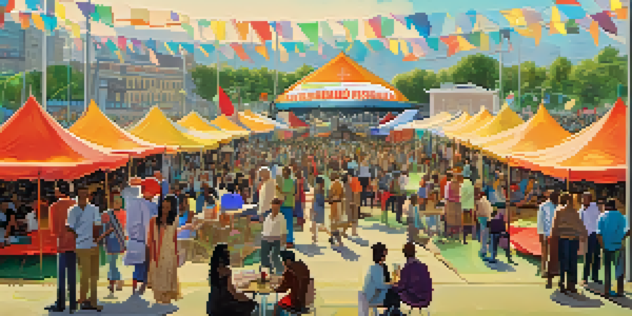 A lively outdoor film festival with colorful tents and diverse filmmakers engaging with the audience.