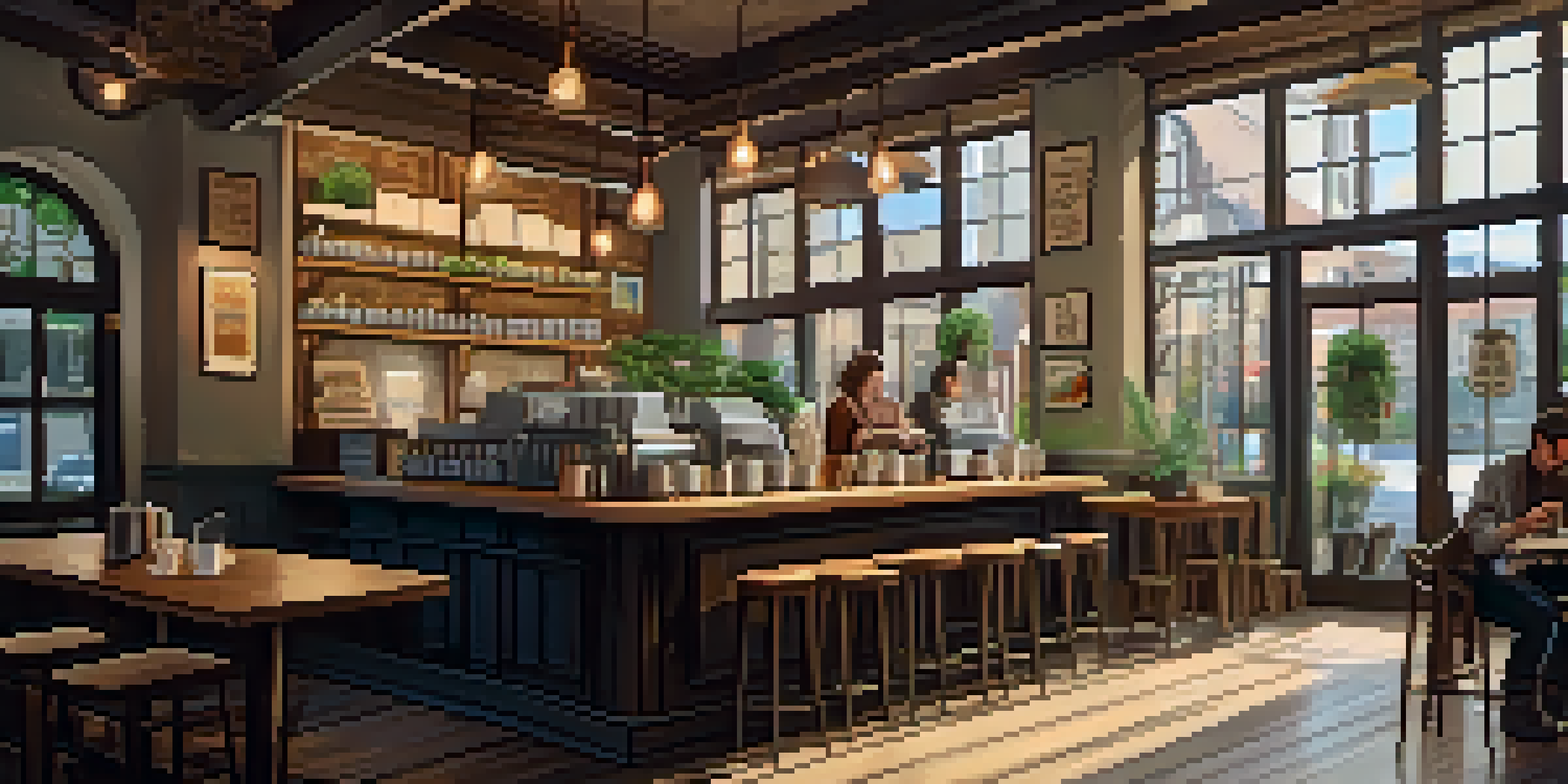 A warm and inviting coffee shop with a barista making latte art, patrons enjoying their time, and soft morning light streaming through the window.