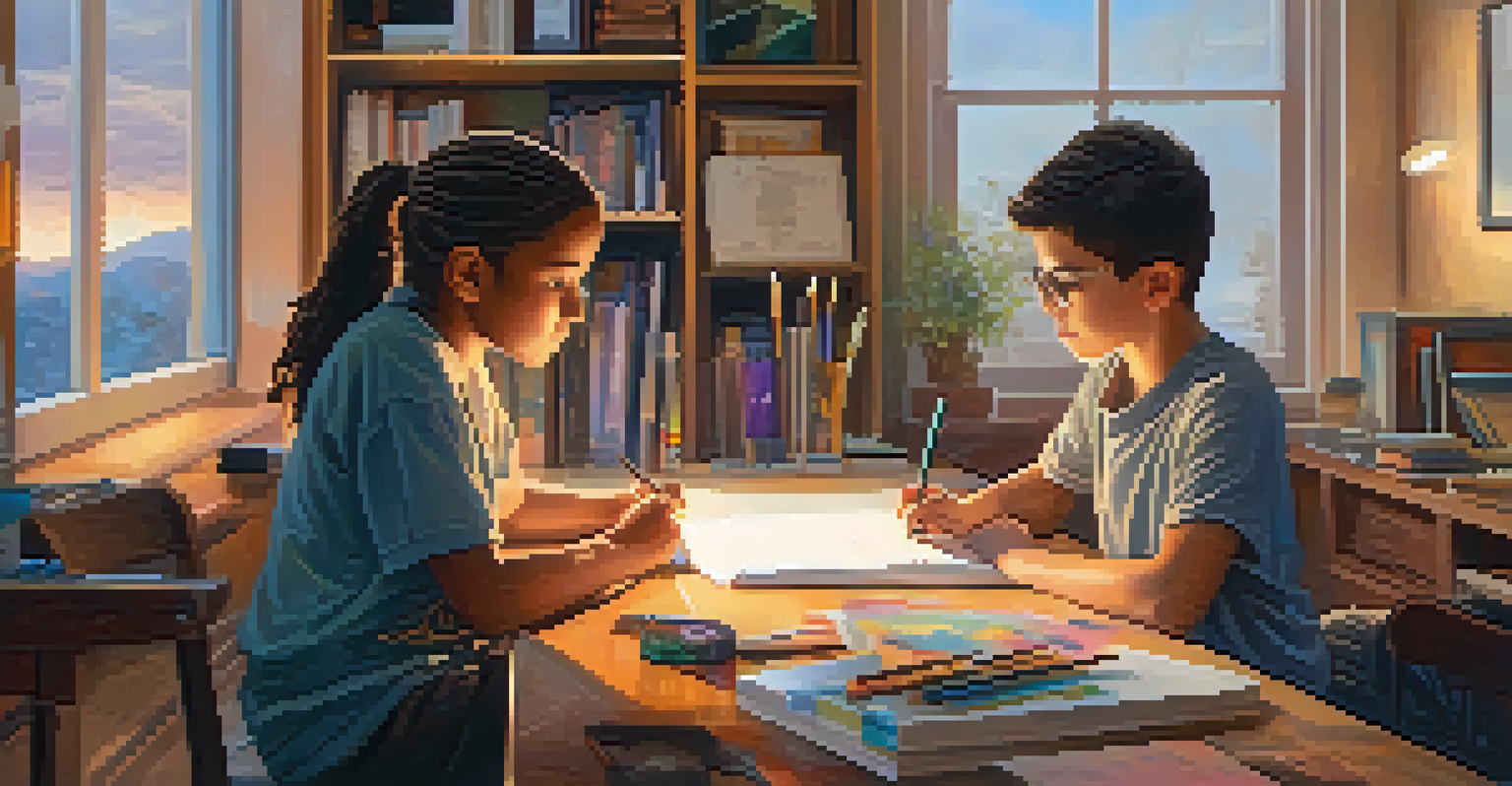 A mentor guiding a young artist in a cozy office filled with books and art supplies.