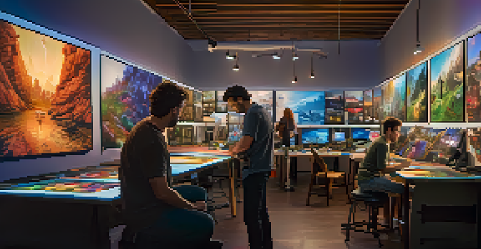 A visual effects studio with artists collaborating on CGI scenes and storyboards, illuminated by warm lights.