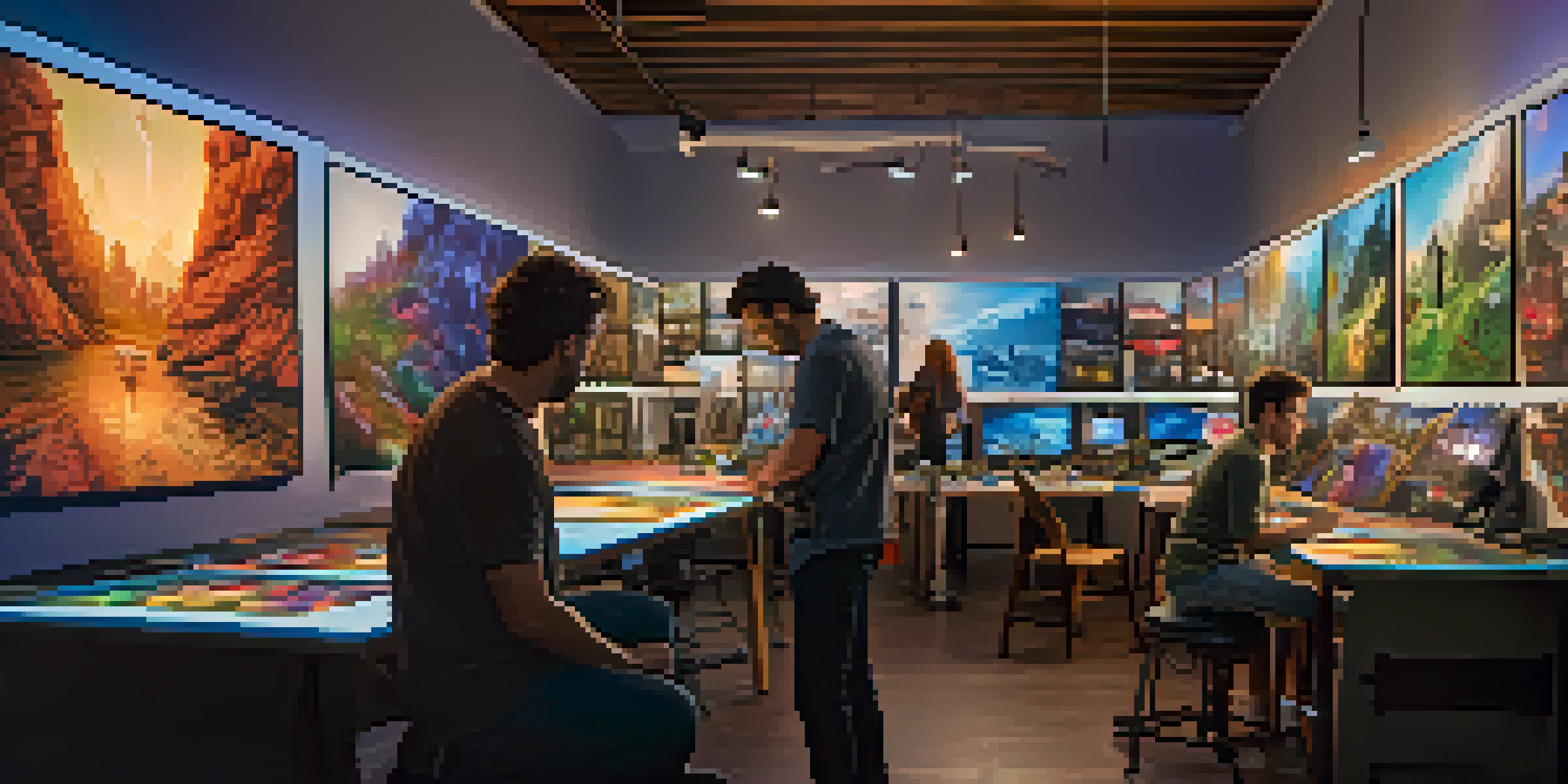 A visual effects studio with artists collaborating on CGI scenes and storyboards, illuminated by warm lights.