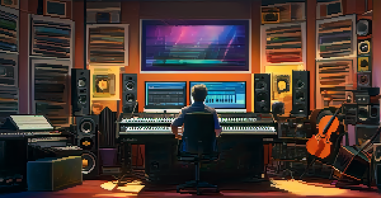 A modern film scoring studio with a composer working on music surrounded by instruments and digital equipment.