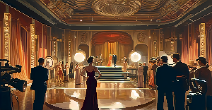 A glamorous actress in a flowing gown on a vintage Hollywood film set from the 1930s, surrounded by classic cameras and crew members.