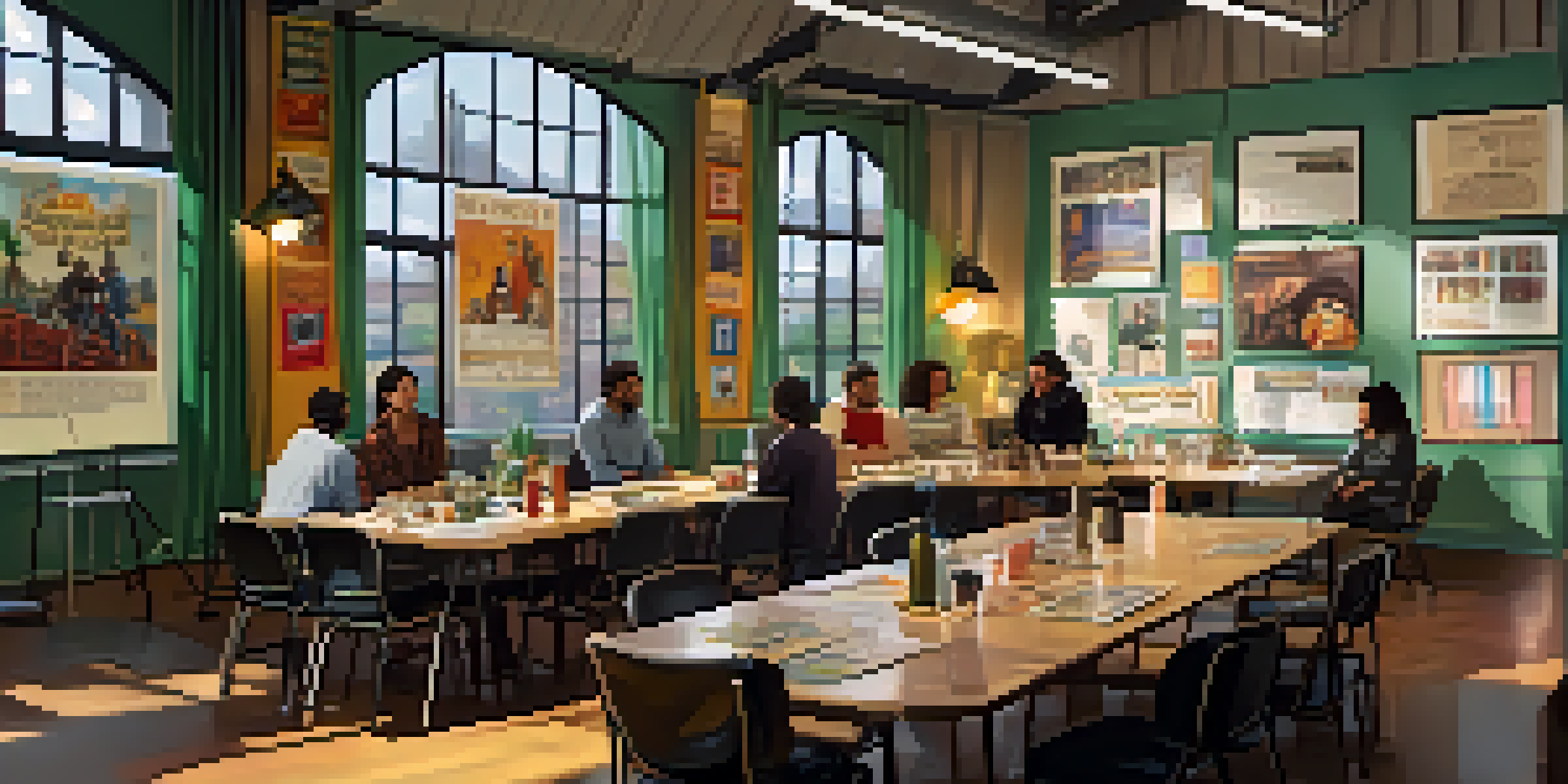 A group of diverse filmmakers brainstorming in a well-lit studio with storyboards and international film posters.