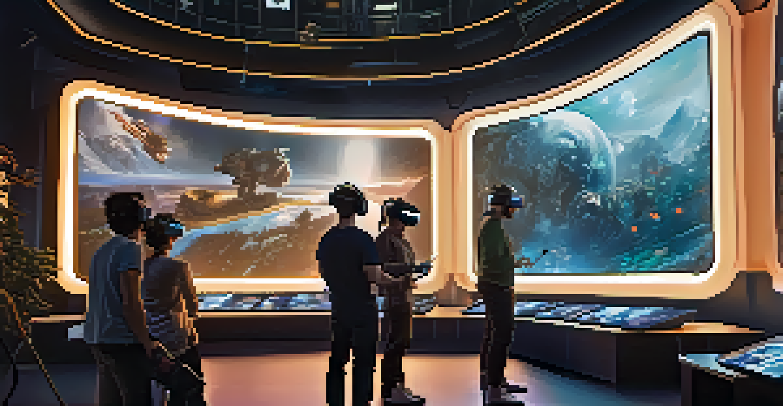 Filmmakers collaborating on a futuristic film set using virtual reality technology.