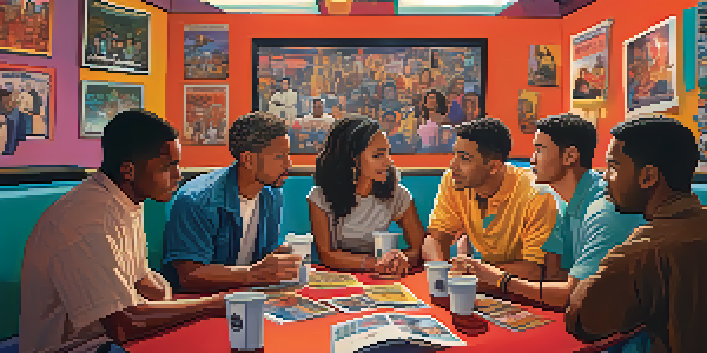 A diverse group of filmmakers working together on a movie script with colorful film posters in the background.