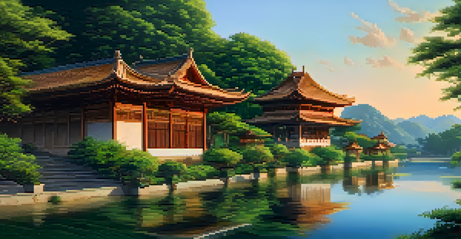 A picturesque landscape featuring traditional architecture from different cultures, illuminated by a beautiful sunset.