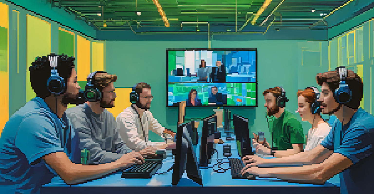 A computer screen showing actors auditioning remotely, surrounded by technological elements in a modern setting.