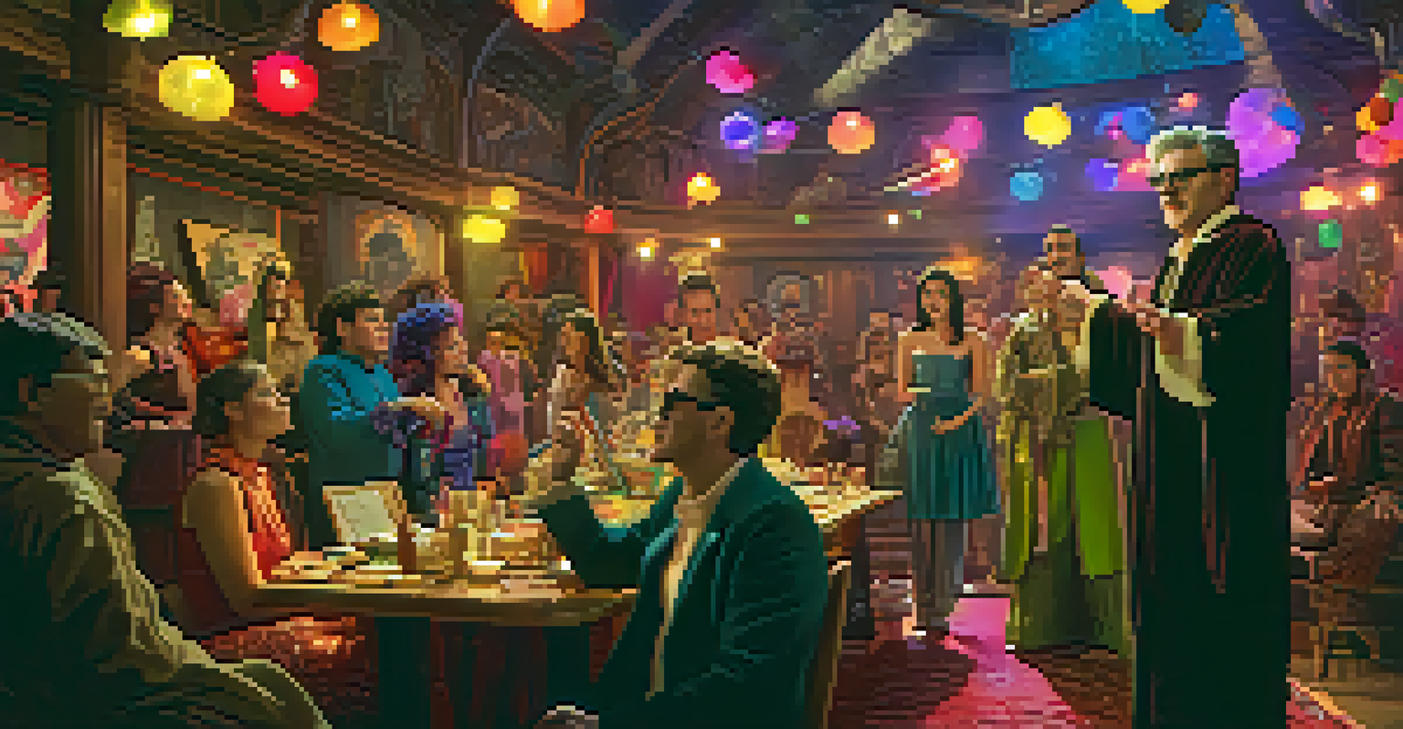 A film director on set, enthusiastically discussing a scene with actors, surrounded by colorful costumes and props.