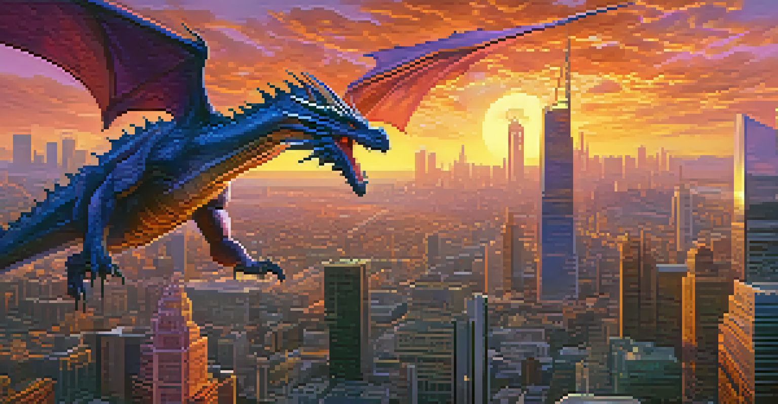 A dragon flying over a city skyline at sunset, with vibrant colors and a magical atmosphere.