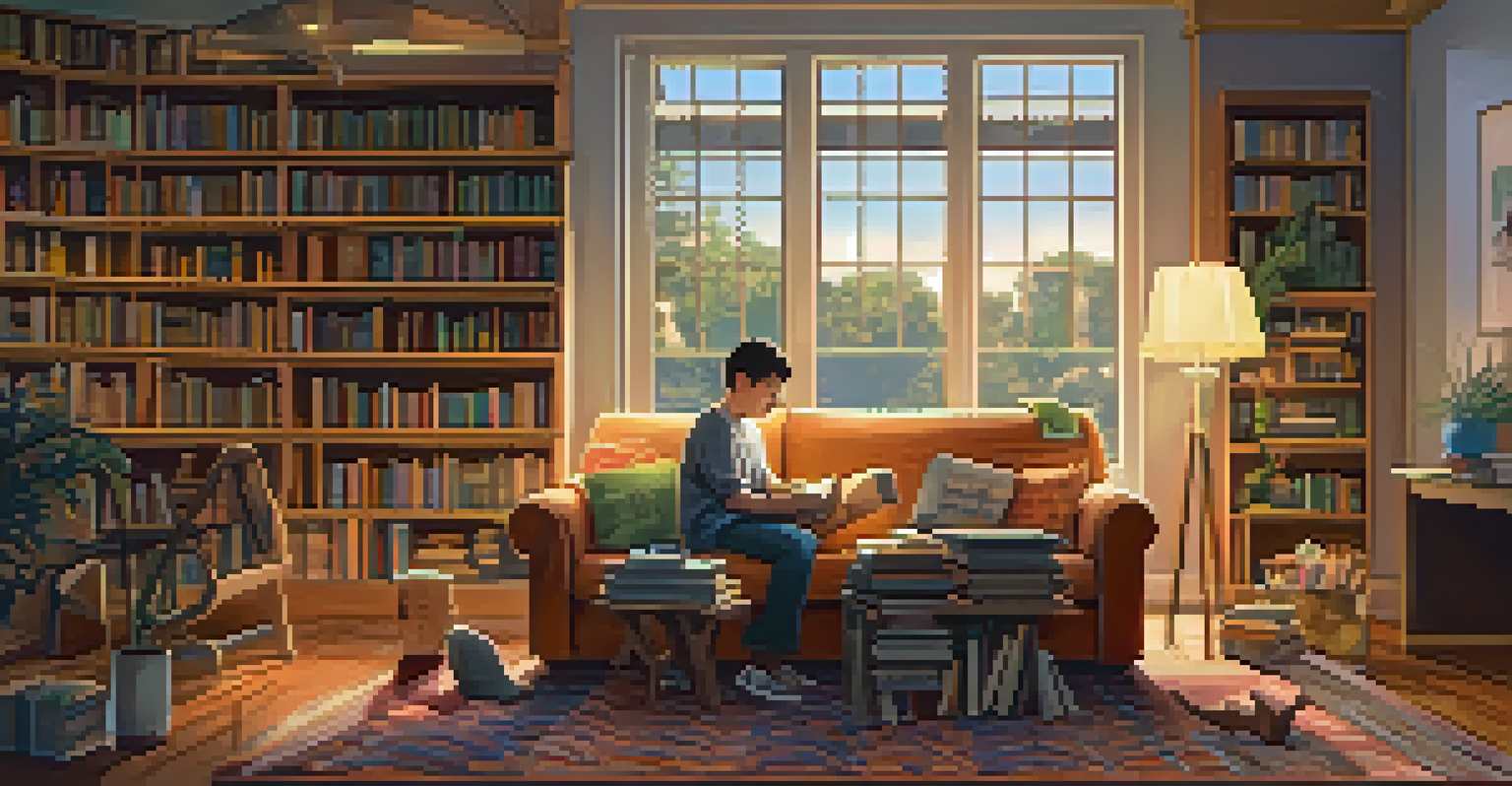 A sensitive male character in a cozy living room, engaged in nurturing activities, surrounded by warm lighting and personal items.