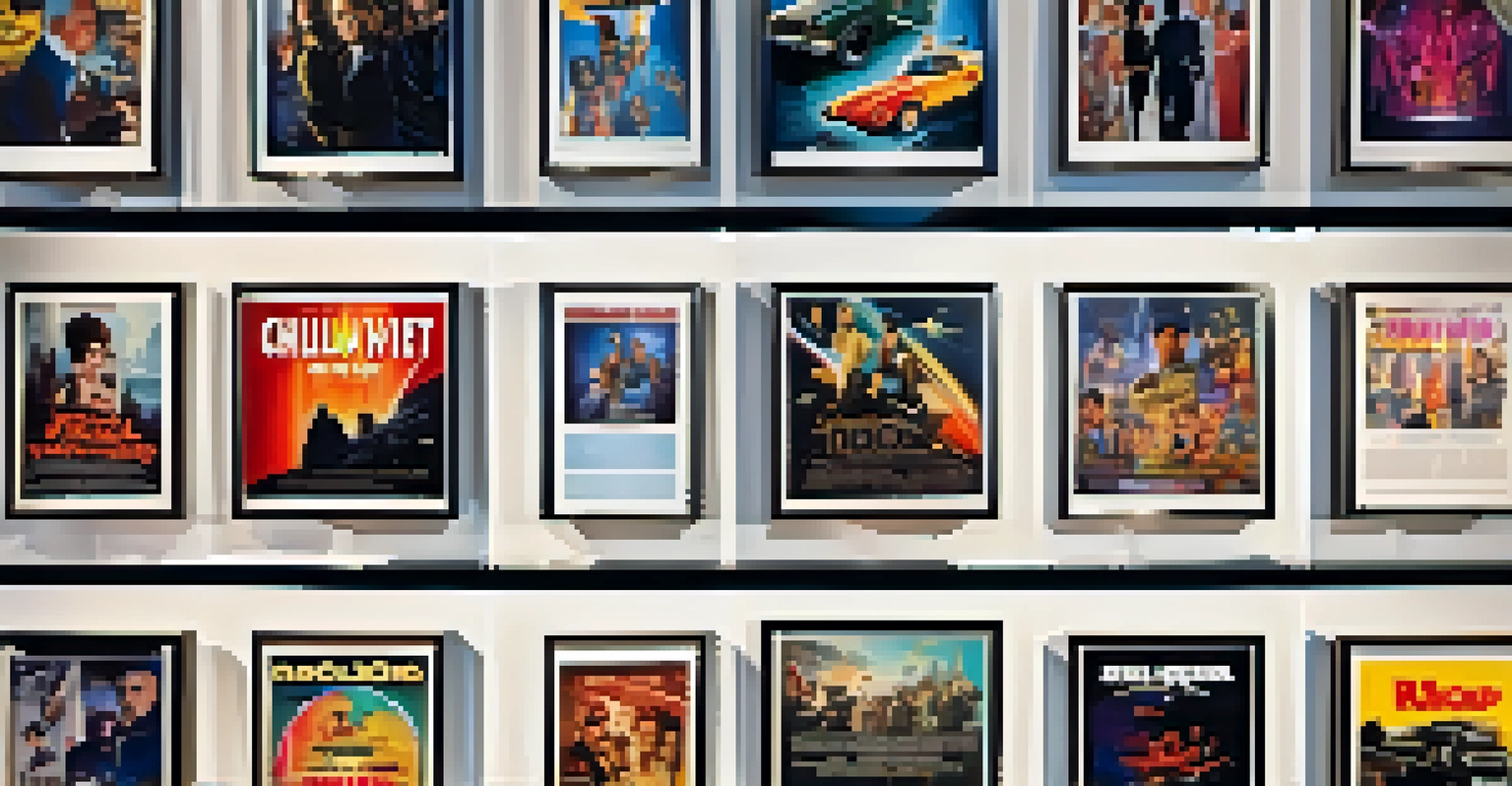 An art gallery showcasing a montage of iconic movie posters from various cultures, highlighting global cinema diversity.