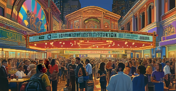A lively film festival scene with diverse attendees engaged in conversation, colorful banners, and warm lighting.