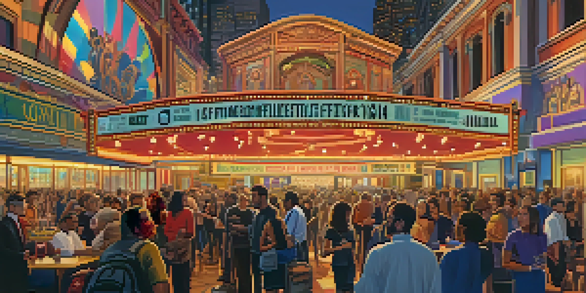 A lively film festival scene with diverse attendees engaged in conversation, colorful banners, and warm lighting.