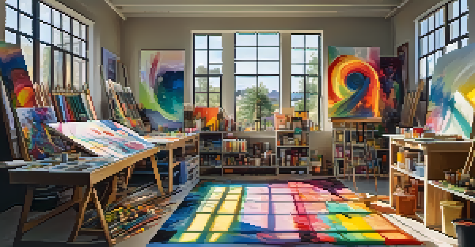 An artist's studio with colorful paintings and a large canvas, bathed in sunlight.
