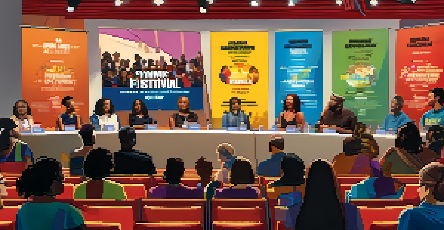 A lively film festival panel discussion about intersectionality, featuring diverse panelists engaging with an audience in a brightly lit room.