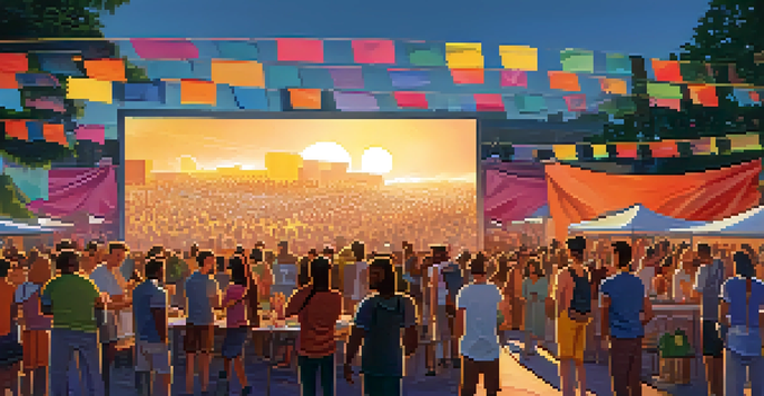 A lively film festival scene with emerging artists presenting their work to an enthusiastic audience, illuminated by a warm sunset.