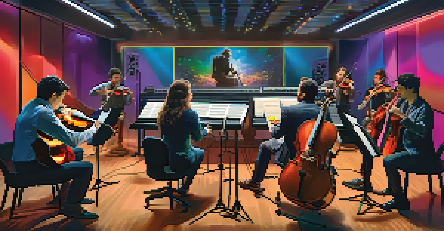 A lively recording studio with musicians playing various instruments, surrounded by colorful lights and a screen displaying film scenes.