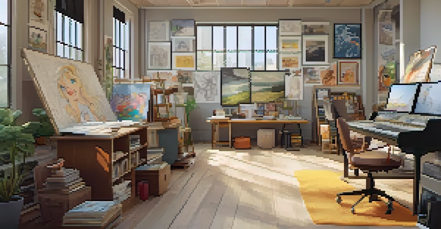 An inviting animation studio workspace filled with sketches, character designs, and posters from animated films, illuminated by natural light.