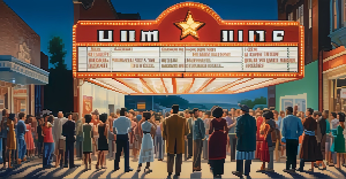 A diverse group of people gathered around a vintage cinema marquee at dusk, engaging in conversation, with a classic film poster in the background.