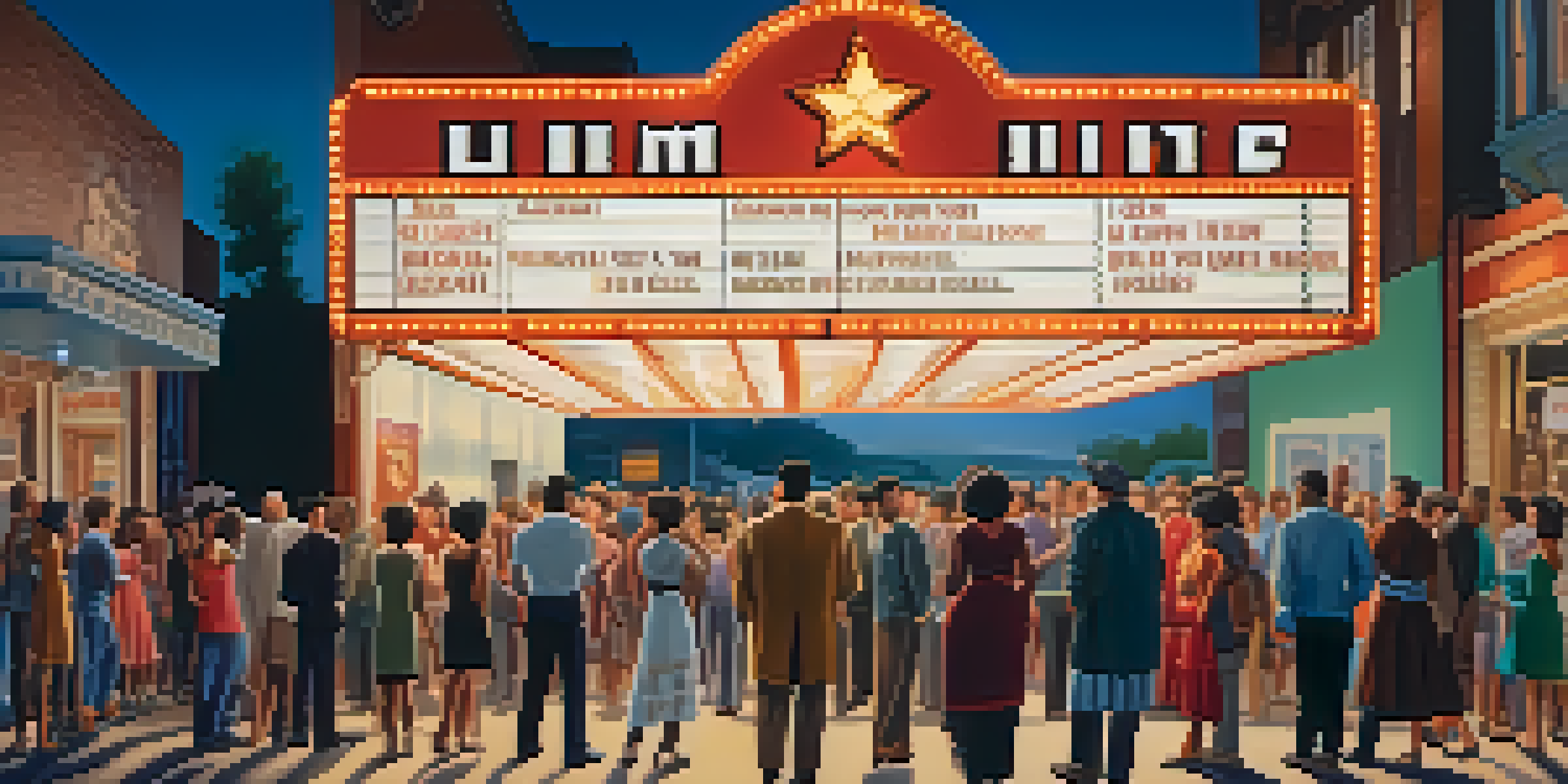 A diverse group of people gathered around a vintage cinema marquee at dusk, engaging in conversation, with a classic film poster in the background.